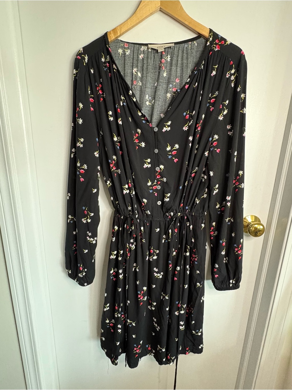 NWOT LOFT XL Floral Long Puff Sleeve Button Bodice Dress Double Drawstring Boho